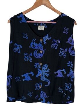 Curious designs Village Black Blue Tribal Animal Print Tank Top Size M Boho